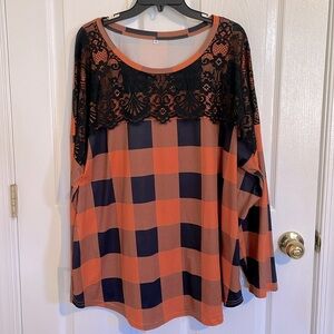 Orange & Black Long Sleeve Lace Pullover Tunic Top, Size 3XL